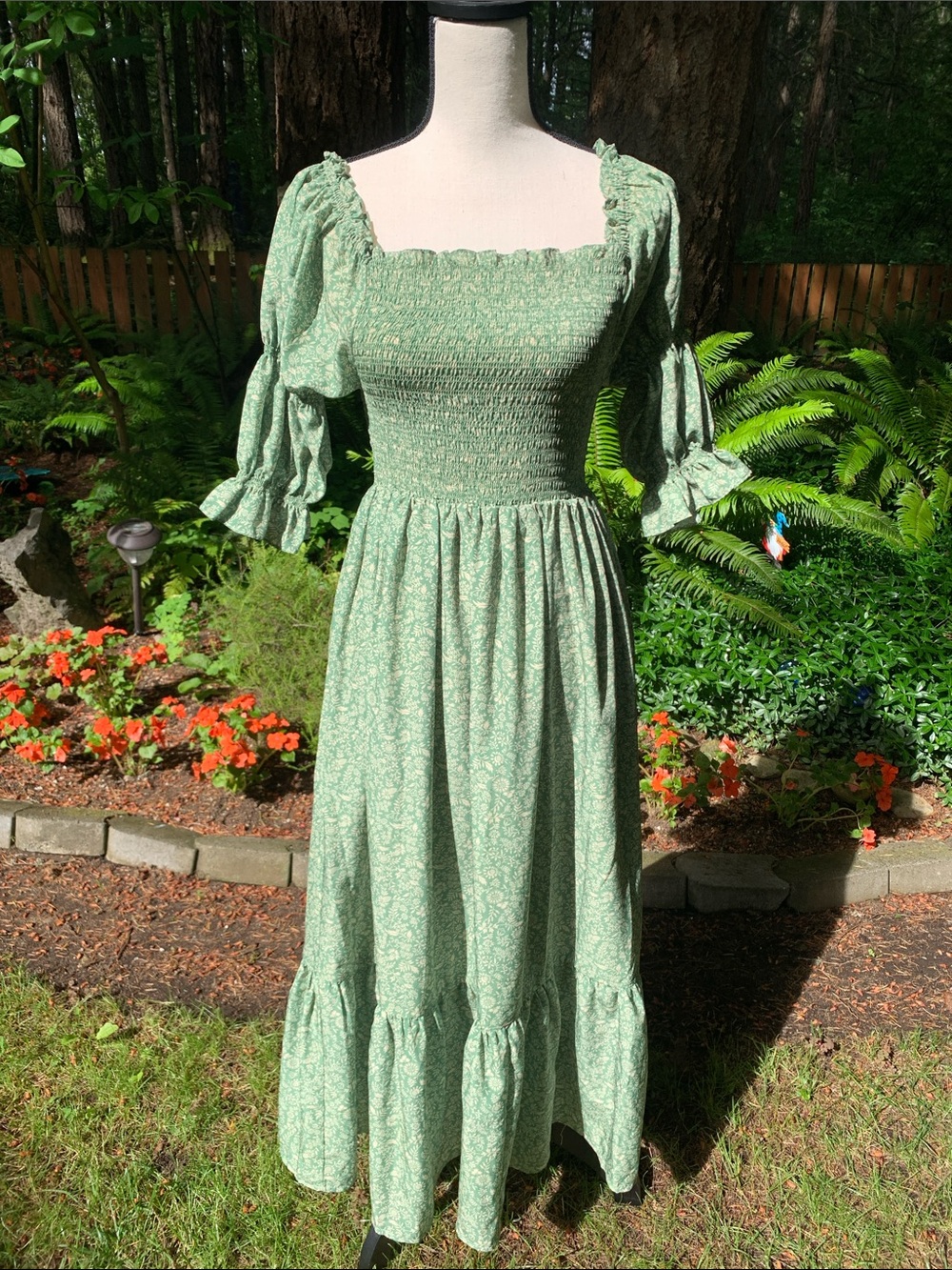 Smocked Square-Neck Maxi Dress in Sage Green